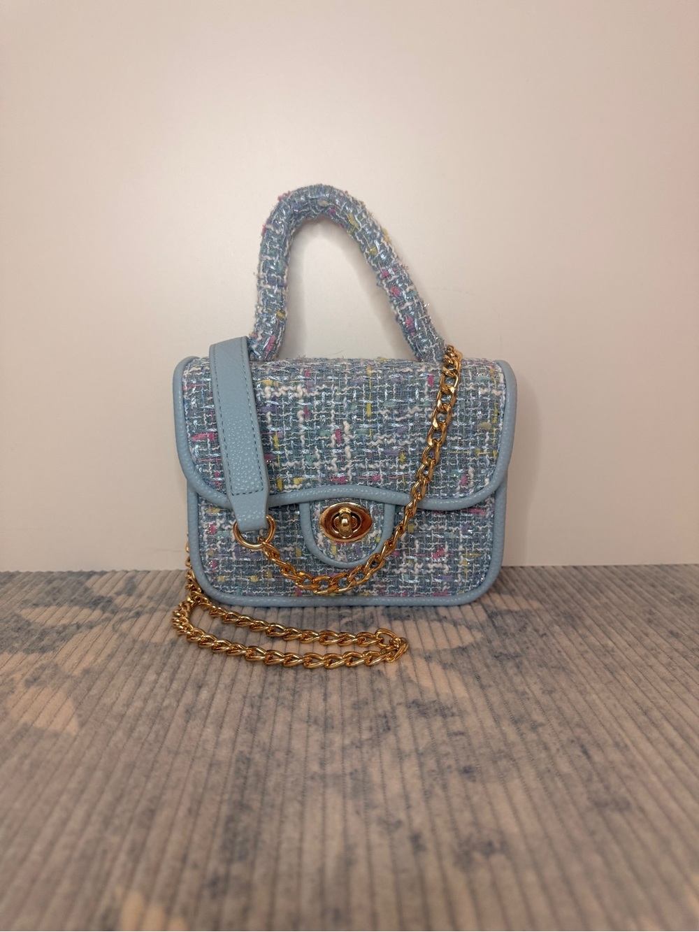 Aldo Light Blue Tweed Mini Top-Handle Bag with Gold Chain